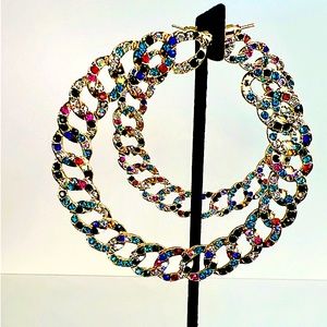 NEW - Gold Hoop Earrings Twisted with multi colored stones
